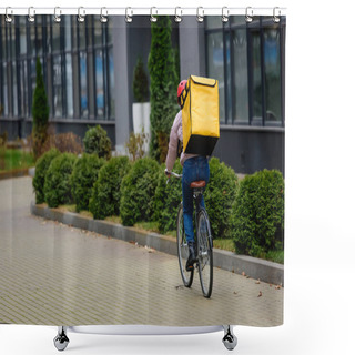 Personality  Back View Of Courier With Thermo Backpack Riding Bicycle On Urban Street Shower Curtains
