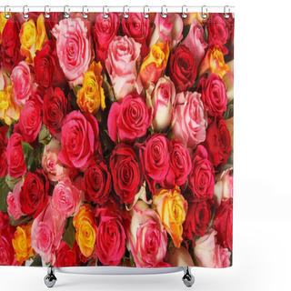 Personality  Backdrop Of Colorful Paper Roses Background In A Wedding Reception With Soft Colors. Closeup Image Of Beautiful Flowers Wall Background With Amazing Red And White Roses. Top View Shower Curtains