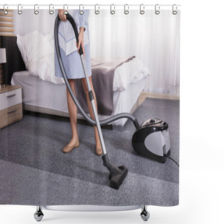 Personality  Low Section View Of A Janitor Using Vacuum Cleaner For Cleaning Carpet In Hotel Room Shower Curtains