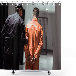 Personality  Rear View Of Prison Officer Leading Prisoner In Handcuffs In Corridor Shower Curtains