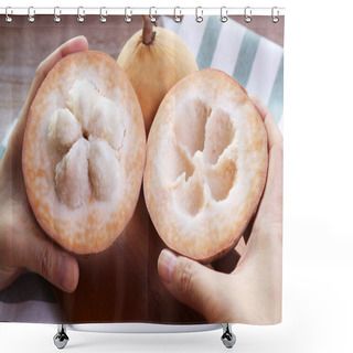 Personality  Hands Opening A Delectable Fresh Ripe Santol Fruit Or Wild Mangosteen Shower Curtains