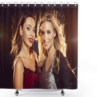 Personality   Portrait Of Young Women In Glamour Dresses Looking At Camera On Black With Backlit  Shower Curtains