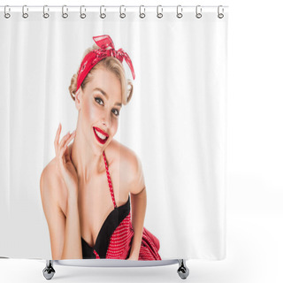 Personality  High Angle View Of Stylish Young Pin Up Woman With Red Lips Posing Isolated On White Shower Curtains
