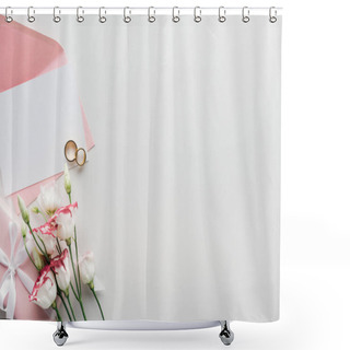 Personality  Top View Of Empty Card With Pink Envelope, Flowers, Wrapped Gift And Golden Wedding Rings On Grey Background Shower Curtains