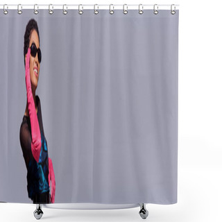 Personality  Happy African American Woman In Pink Gloves And Cocktail Dress Touching Sunglasses And Smiling While Standing Isolated On Grey, Modern Generation Z Fashion Concept, Banner  Shower Curtains