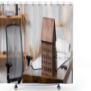 Personality  House Model Near Wind Turbines Maquettes On Desk In Architectural Bureau, Banner Shower Curtains