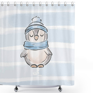 Personality  Cute Penguin In A Hat And Scarf. Children's Illustration. Vector With Watercolor Effect. Shower Curtains