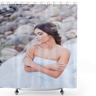 Personality  Gorgeous Brunette European Type Sits In Profile On The Beach, Looking Romantically Into The Distance. Beautiful Hair Decoration Handmade Shower Curtains