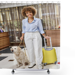 Personality  Smiling Traveler With Her Labrador In A Pet-friendly Hotel Lobby, African American Woman With Dog Shower Curtains