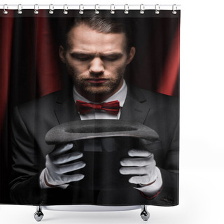 Personality  Focused Magician In Suit Looking At Hat In Circus With Red Curtains Shower Curtains