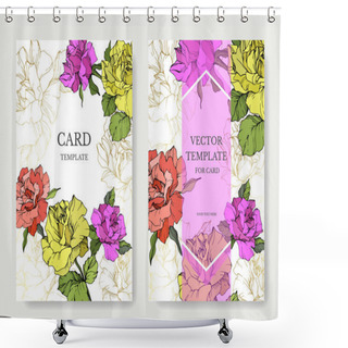 Personality  Vector. Coral, Yellow And Purple Rose Flowers On Cards. Wedding Cards With Floral Decorative Borders. Thank You, Rsvp, Invitation Elegant Cards Illustration Graphic Set. Engraved Ink Art. Shower Curtains