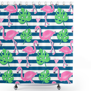 Personality  Vector Pink Flamingo, Monstera Seamless Pattern. Summer Tropical Background Shower Curtains