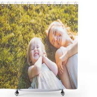 Personality  Smiling Mother And Baby Laying On Meadow Shower Curtains