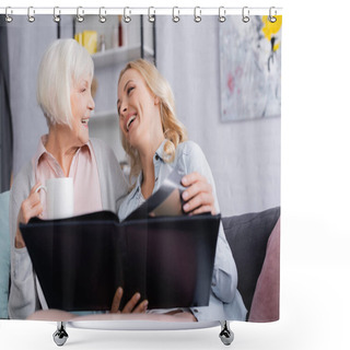 Personality  Cheerful Women With Cup Holding Photo Album On Blurred Foreground  Shower Curtains