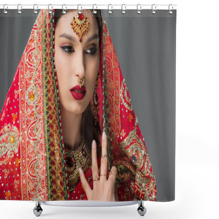 Personality  Attractive Indian Woman Posing In Traditional Sari And Accessories, Isolated On Grey  Shower Curtains
