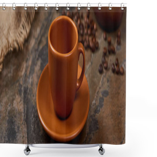 Personality  Panoramic Shot Of Brown Cup On Saucer On Marble Table Shower Curtains