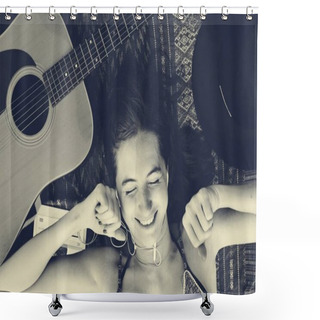 Personality  Woman Laying And Listening Music Shower Curtains