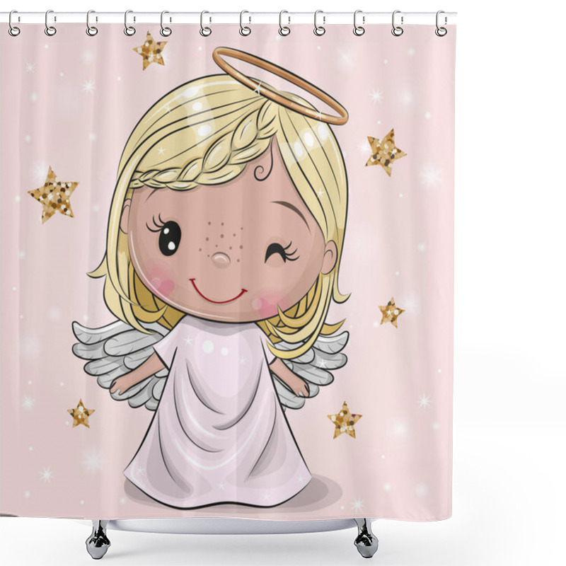 Personality  Cute Cartoon Christmas Angel On A Pink Background Shower Curtains