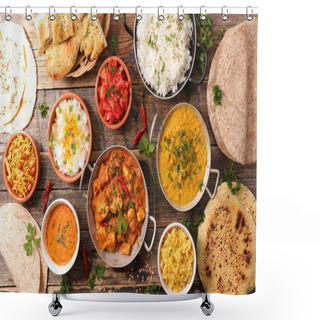 Personality  Assorted Indian Food On Wooden Background Shower Curtains