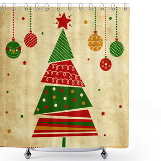 Personality  Vintage Christmas Card With Tree And Ornaments Shower Curtains