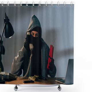 Personality  Terrorist In Mask Holding Dynamite And Talking On Phone Shower Curtains