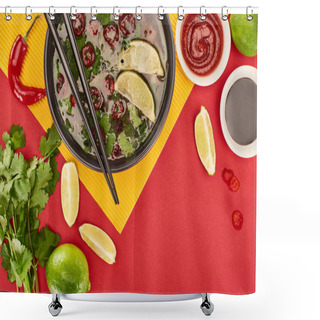 Personality  Top View Of Pho In Bowl With Chopsticks Near Sauces, Lime, Chili And Coriander On Red And Yellow Background Shower Curtains