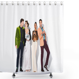 Personality  Cheerful And Stylish Multicultural Friends Holding Champagne Glasses And Disco Ball On White  Shower Curtains