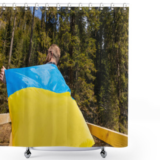 Personality  Man Holding Ukrainian Flag In Green Forest  Shower Curtains
