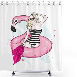 Personality  A Beautiful Girl In A Swimsuit With A Swimming Circle Looking Like A Flamingo. Sea, Vacation, Vacation. Vector Illustration, Sketch. Fashion & Style. Set. Shower Curtains