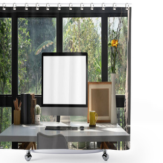 Personality  Front View Computer Pc With Empty Display On White Table In Home Office. Shower Curtains