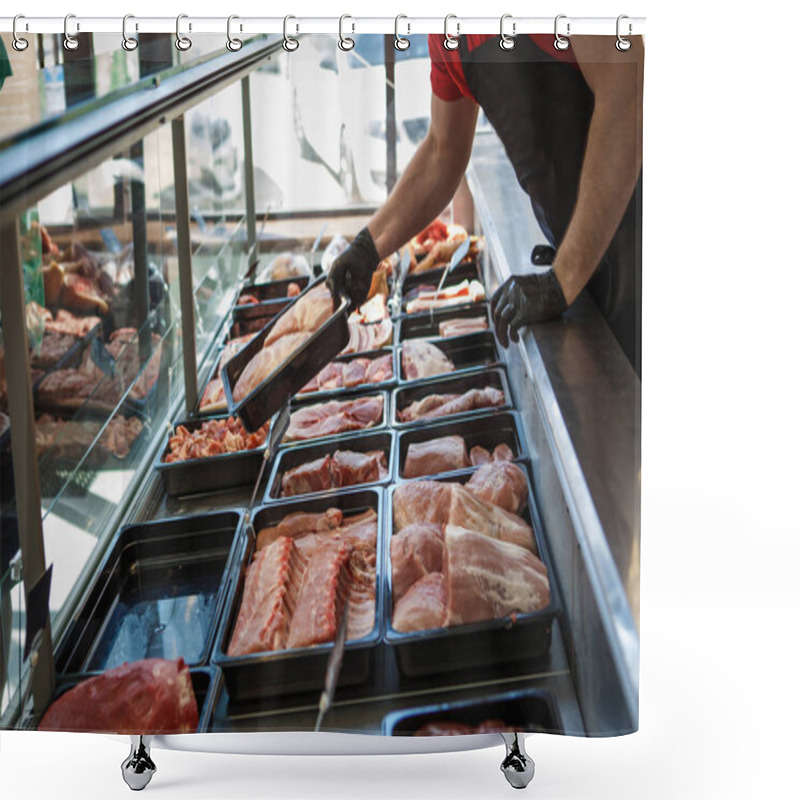 Personality  Raw Meat In Trays In The Window Of A Butcher Shop. The Seller Puts The Meat On Display In Black Trays Shower Curtains