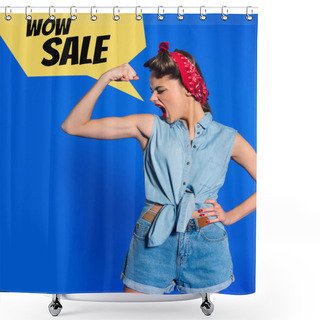 Personality  Young Woman In Retro Clothing Showing Muscles And Shouting With Sale Speech Bubble Isolated On Blue Shower Curtains