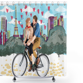 Personality  Happy Elegant Couple Riding Bike Together With Paris Illustration On Background Shower Curtains