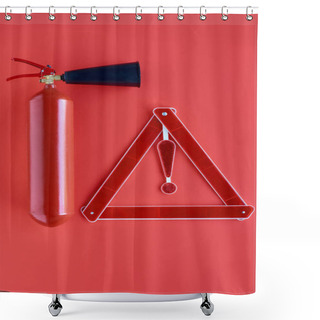 Personality  Top View Of Fire Extinguisher And Warning Triangle Isolated On Red Shower Curtains