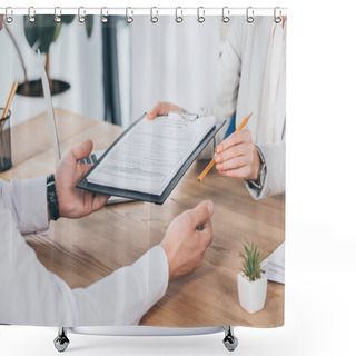 Personality  Cropped View Of Businessman And Businesswoman Holding Compensation Claim Form And Pencil At Workplace Shower Curtains