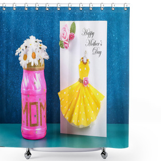 Personality  Diy Mothers Day Vase With Text From A Glass Jar, Pink Paint, Sparkles Glitter, Stars, A Gold Ribbon Shower Curtains