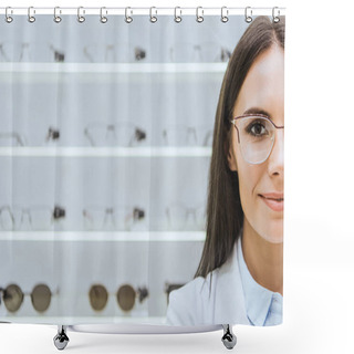 Personality  Attractive Female Optometrist In Eyeglasses Standing In Optica Shower Curtains