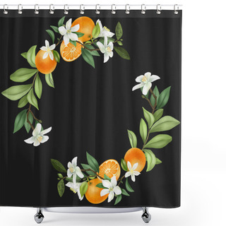 Personality  Wreath Of Hand Drawn Blooming Mandarin Tree Branches, Mandarin Flowers And Mandarins, Isolated Illustration On A Dark Background Shower Curtains
