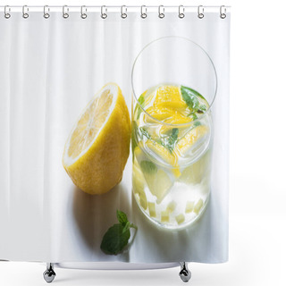 Personality  Fresh Ginger Lemonade In Glass With Lemon And Mint On White Background Shower Curtains