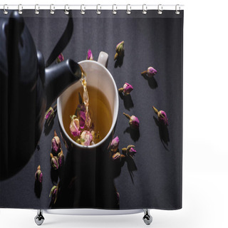 Personality  Pouring Tea From Black Kettle Into Cup And Dry Pink Rose Buds On Black Shower Curtains