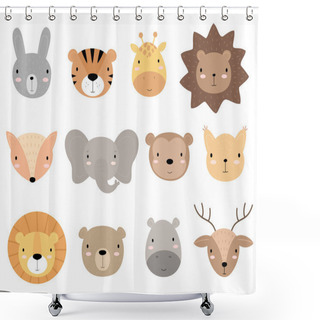 Personality  A Set Of Cute Cartoon Animal Heads. Suitable For Stickers, Posters, Postcards, Invitations. Vector Illustration. Rabbit, Tiger, Giraffe, Hedgehog, Fox, Elephant, Monkey, Squirrel, Lion, Bear, Hippo Shower Curtains