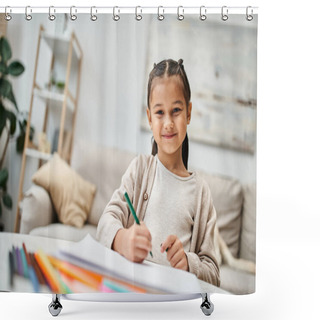 Personality  Portrait Of Happy Elementary Age Girl Drawing With Color Pencil And Smiling In Modern Apartment Shower Curtains