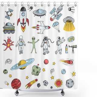 Personality  Colorful Vector Hand Drawn Doodles Cartoon Set Space Objects. Shower Curtains