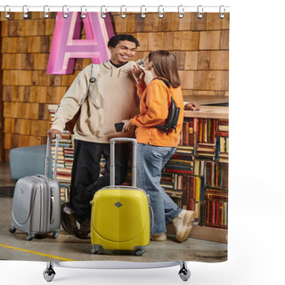Personality  Happy Diverse Couple Awaits Their Next Adventure, Standing Near Luggage And Ready For The Journey Shower Curtains