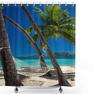 Personality  Empty Hammock Between Palm Trees On Tropical Beach Shower Curtains