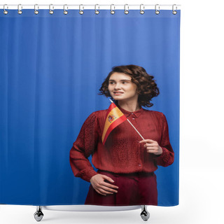 Personality  Cheerful Language Teacher Smiling While Holding Flag Of Spain Isolated On Blue  Shower Curtains