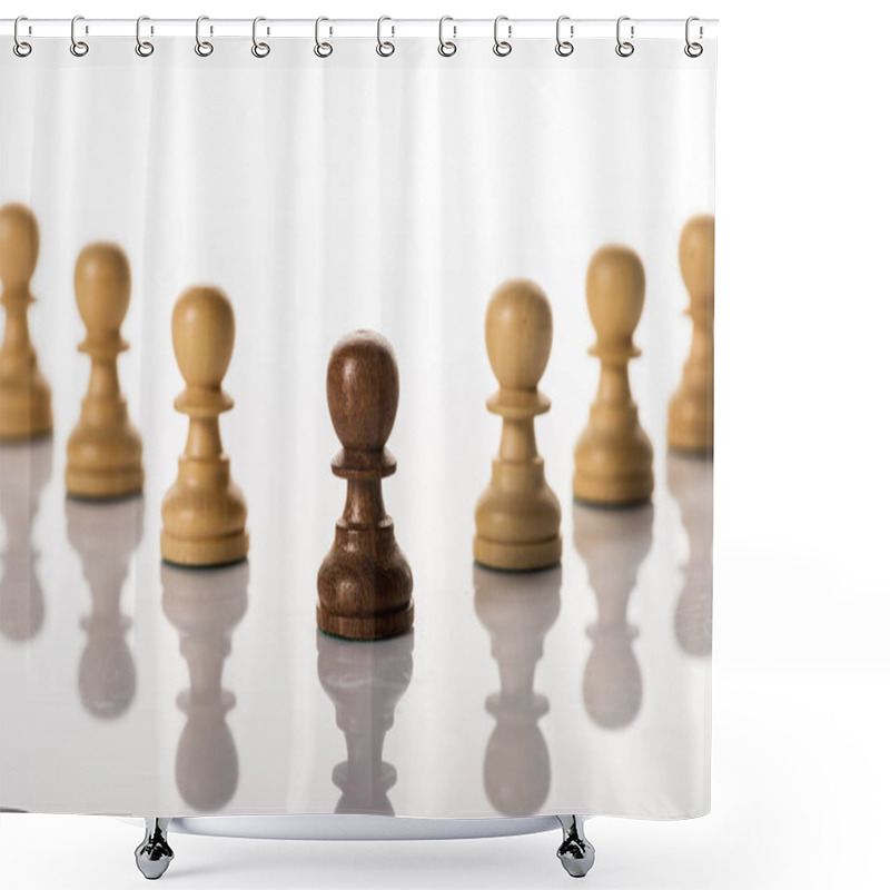 Personality  Selective focus of brown pawn with another on white background shower curtains