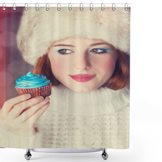 Personality  Redhead Girl With Cake. Shower Curtains