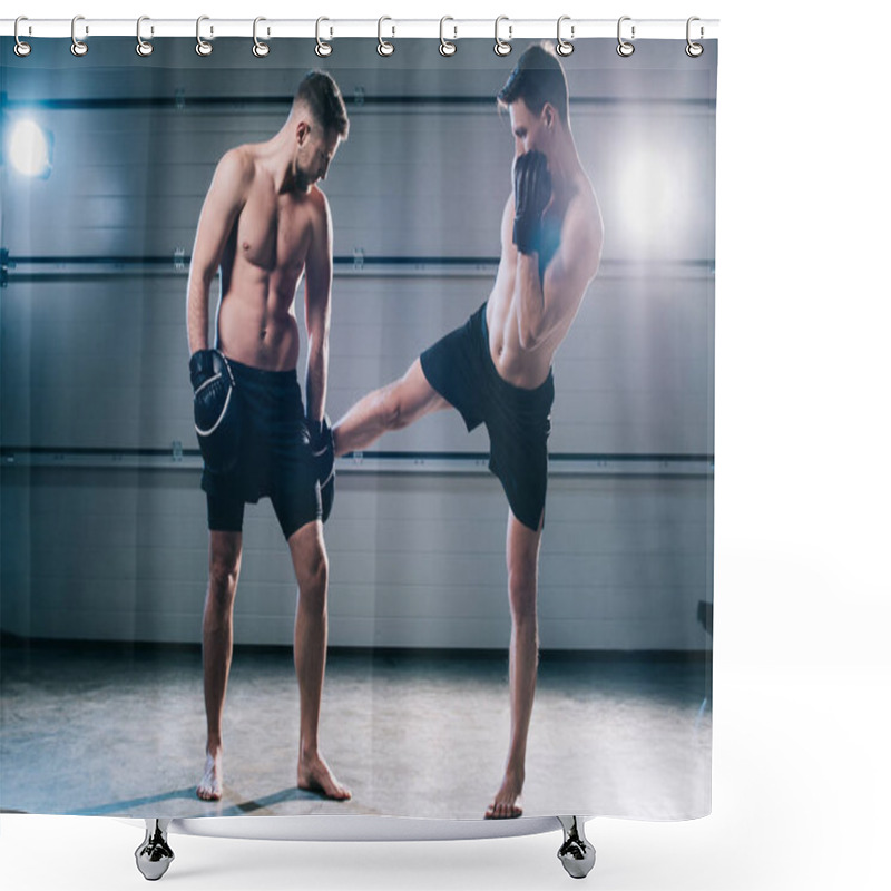 Personality  Strong Muscular Barefoot Mma Fighter Practicing Low Kick With Another Sportsman  Shower Curtains