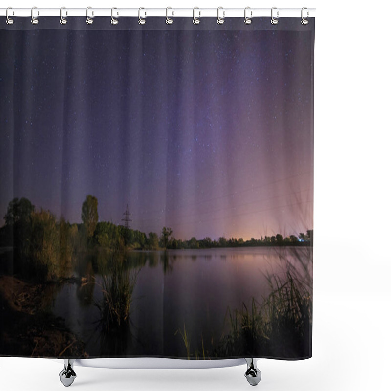 Personality  Starry Night Sky Above Lake Shower Curtains